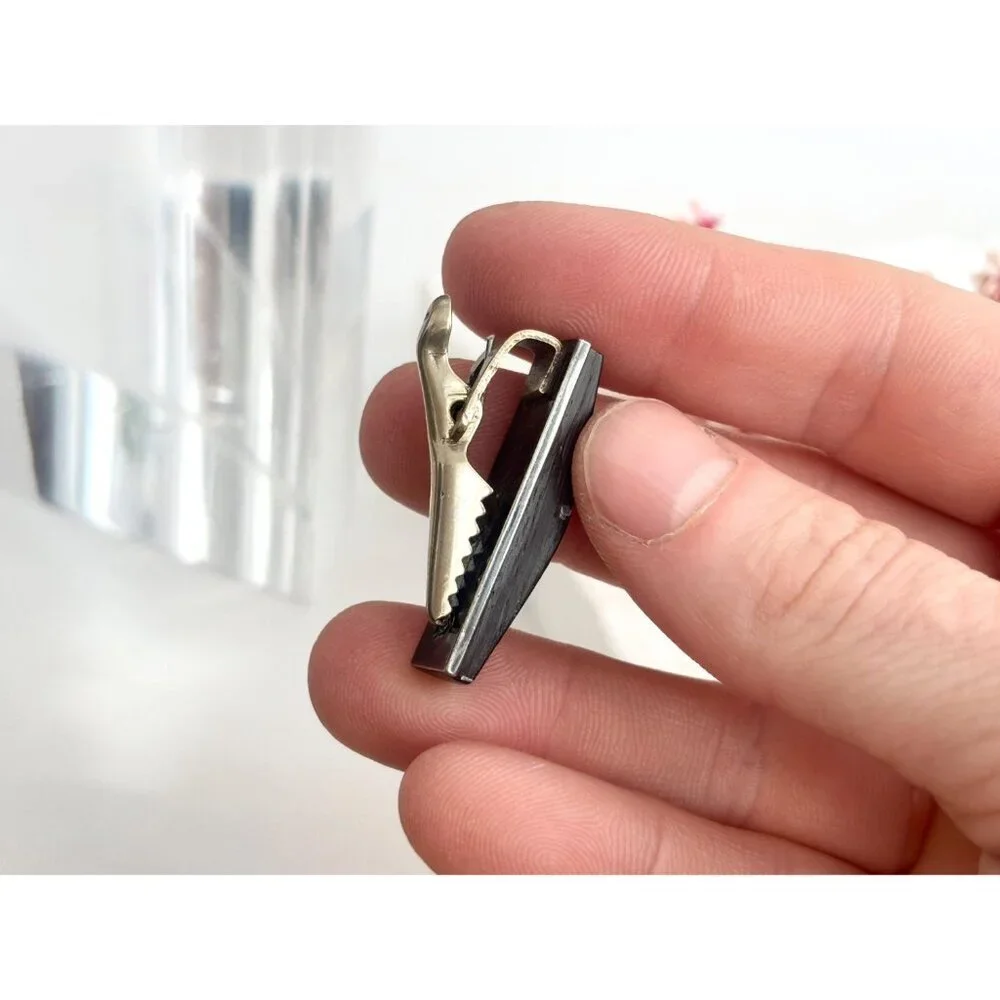 Taxco, Mexico Sterling Silver Dark Wood Short Vintage Men's Tie Bar | Tie Clip
